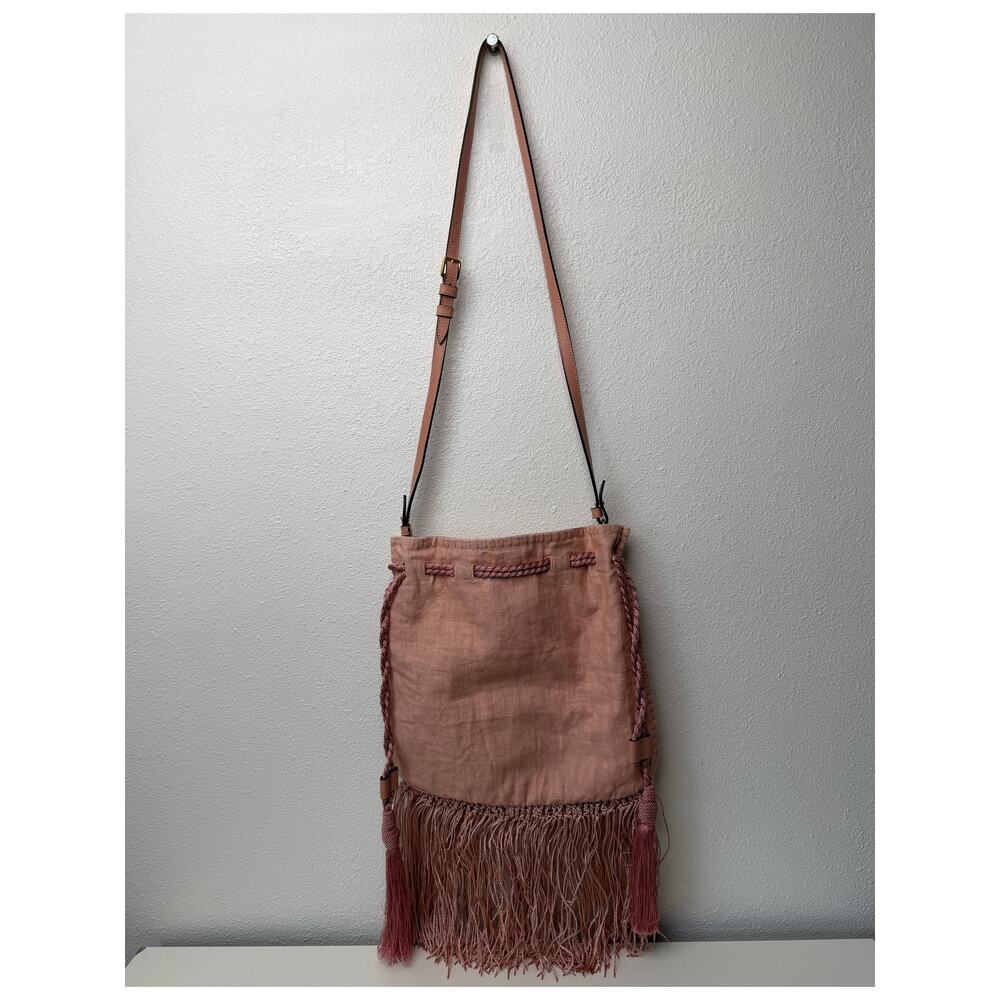 NWOT Valentino Garavani Nellcôte Pink Linen Floral Fringe Crossbody Bag - Picture 11 of 16